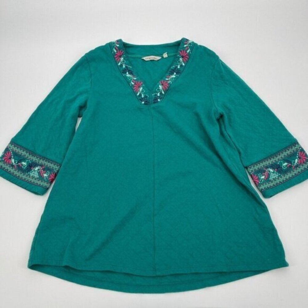 Soft Surroundings Womens Shirt XS Petite Green Blue Jade Embroidered Boho Quilt